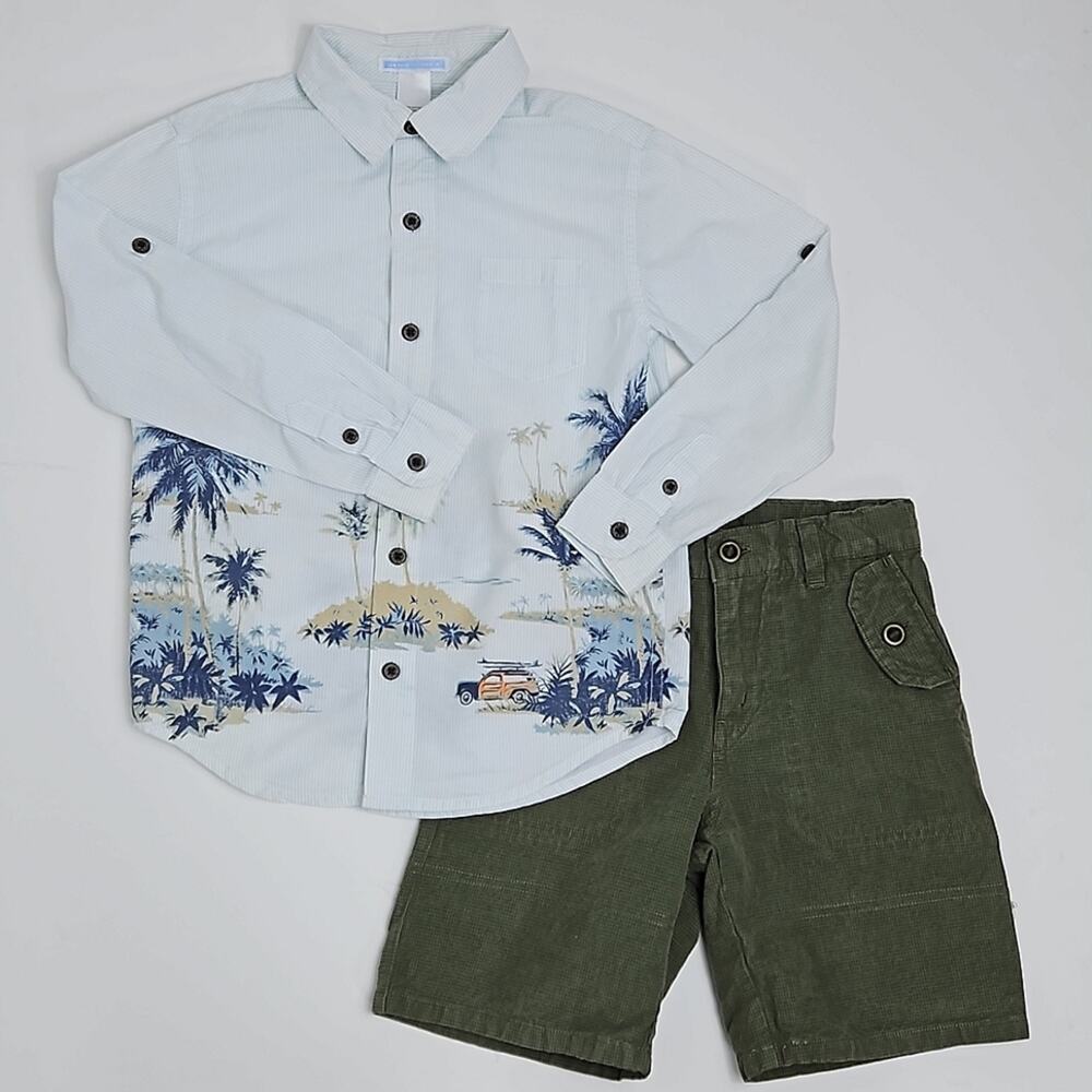 Janie and Jack Tropical Print Button-Up Shirt‎ with Linen Blend Shorts | Kid's 5